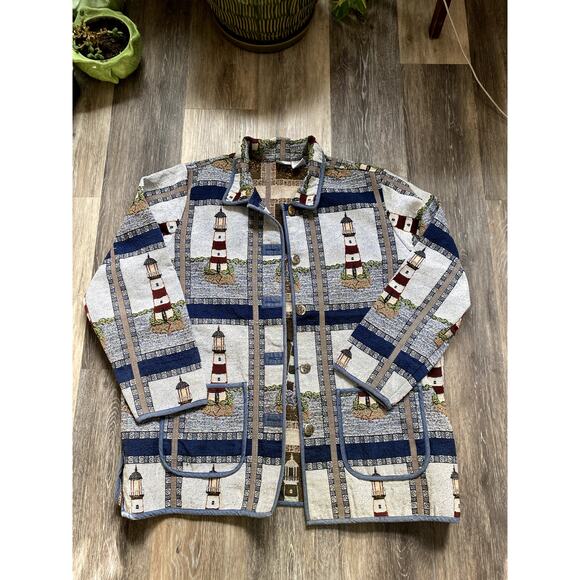 Vintage Lighthouse Textured Overcoat 2X Heritage Woods Fisherman Whimsy Grandpa - Picture 2 of 8